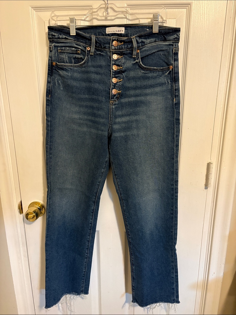 LOFT Dark Blue High-Rise frayed hem Button-Fly Jeans